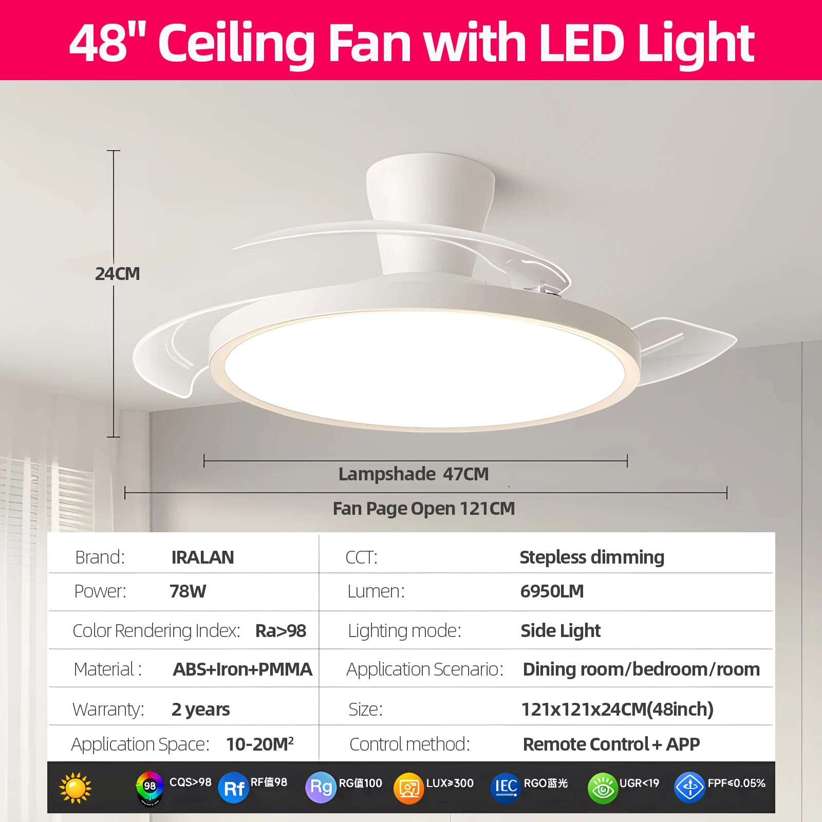 IRALAN - Ventilador de techo invisible con luz LED y control remoto.