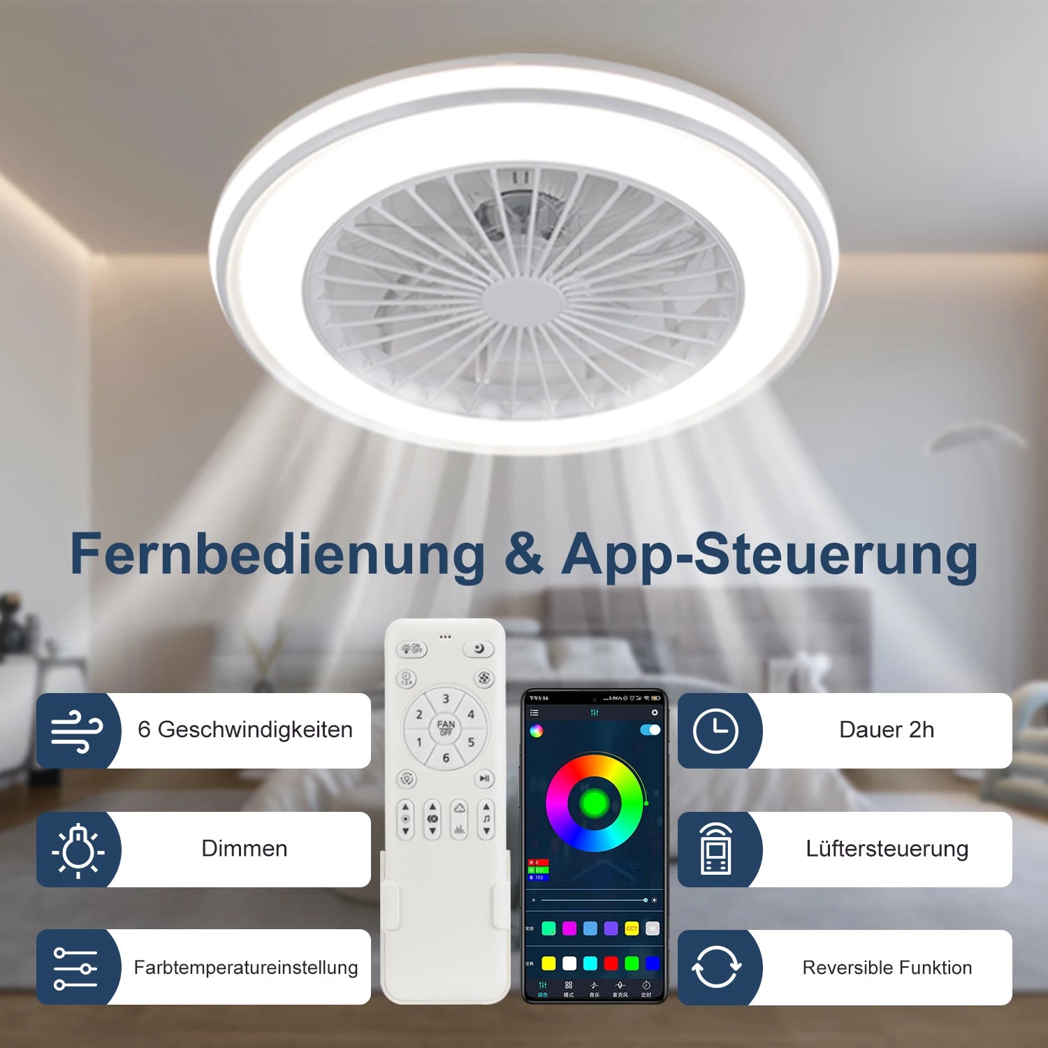 IRALAN - Lámpara LED RGB con ventilador silencioso, control remoto y 6 velocidades.