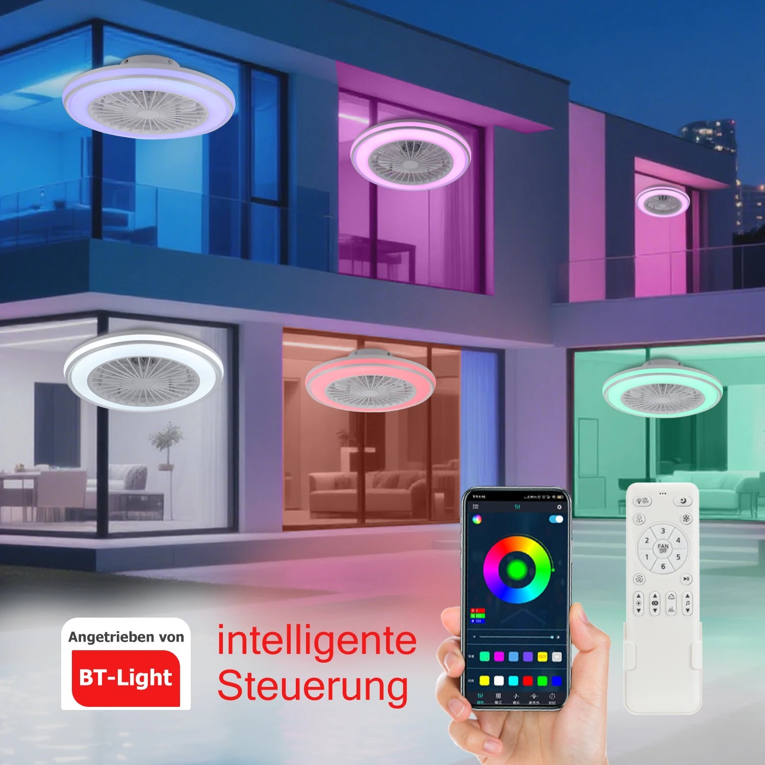 IRALAN - Lámpara LED RGB con ventilador silencioso, control remoto y 6 velocidades.