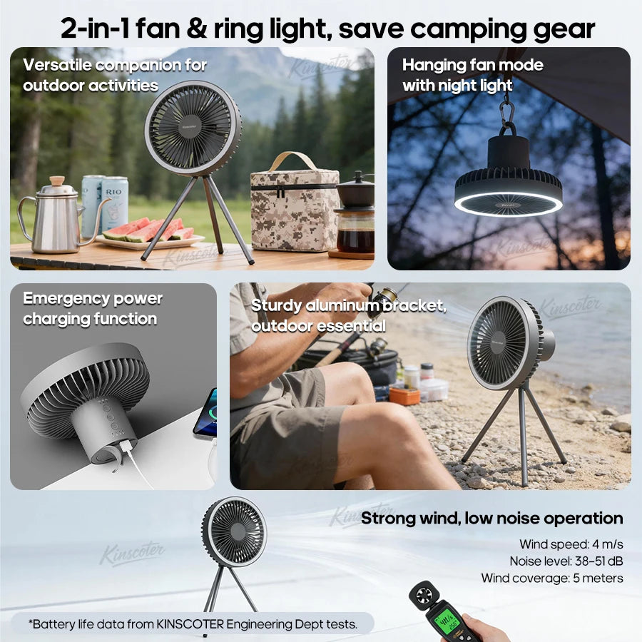 Ventilador de Camping de 10000mAh, circulador de aire portátil de escritorio recargable, ventilador eléctrico de techo inalámbrico con banco de energía, trípode de luz LED