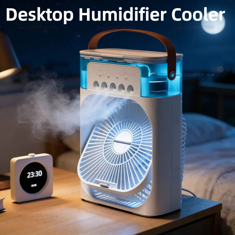 Ventilador 3 en 1, Mini Enfriador de Aire Doméstico, Luz Nocturna LED, Humidificador Portátil, Ventilador con Ajuste de Aire, Ventilador para Oficina y Hogar