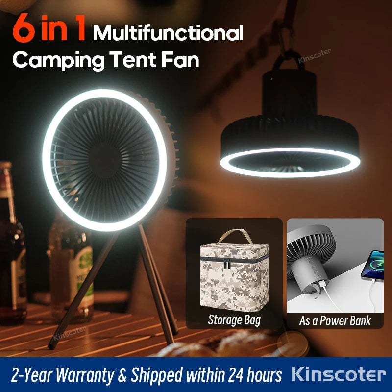 Ventilador de Camping de 10000mAh, circulador de aire portátil de escritorio recargable, ventilador eléctrico de techo inalámbrico con banco de energía, trípode de luz LED