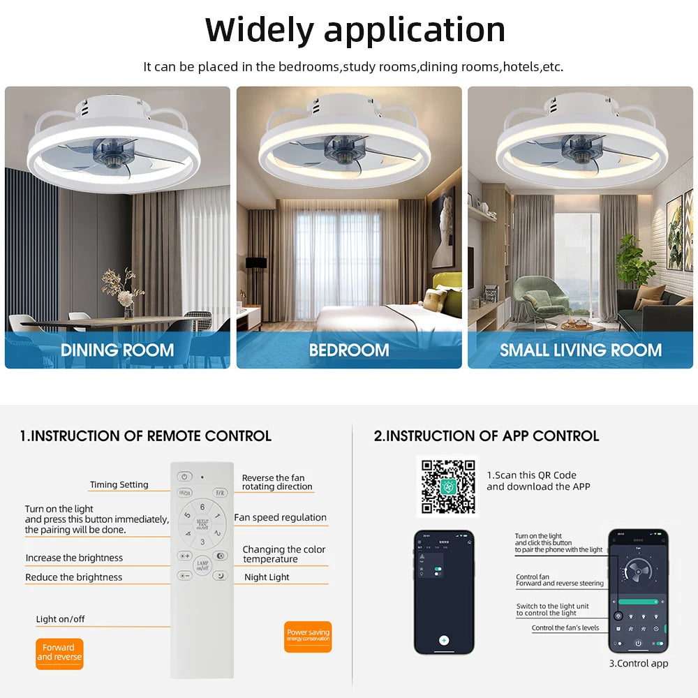 IRALAN - Ventilador de techo silencioso con luz LED y control remoto inteligente.