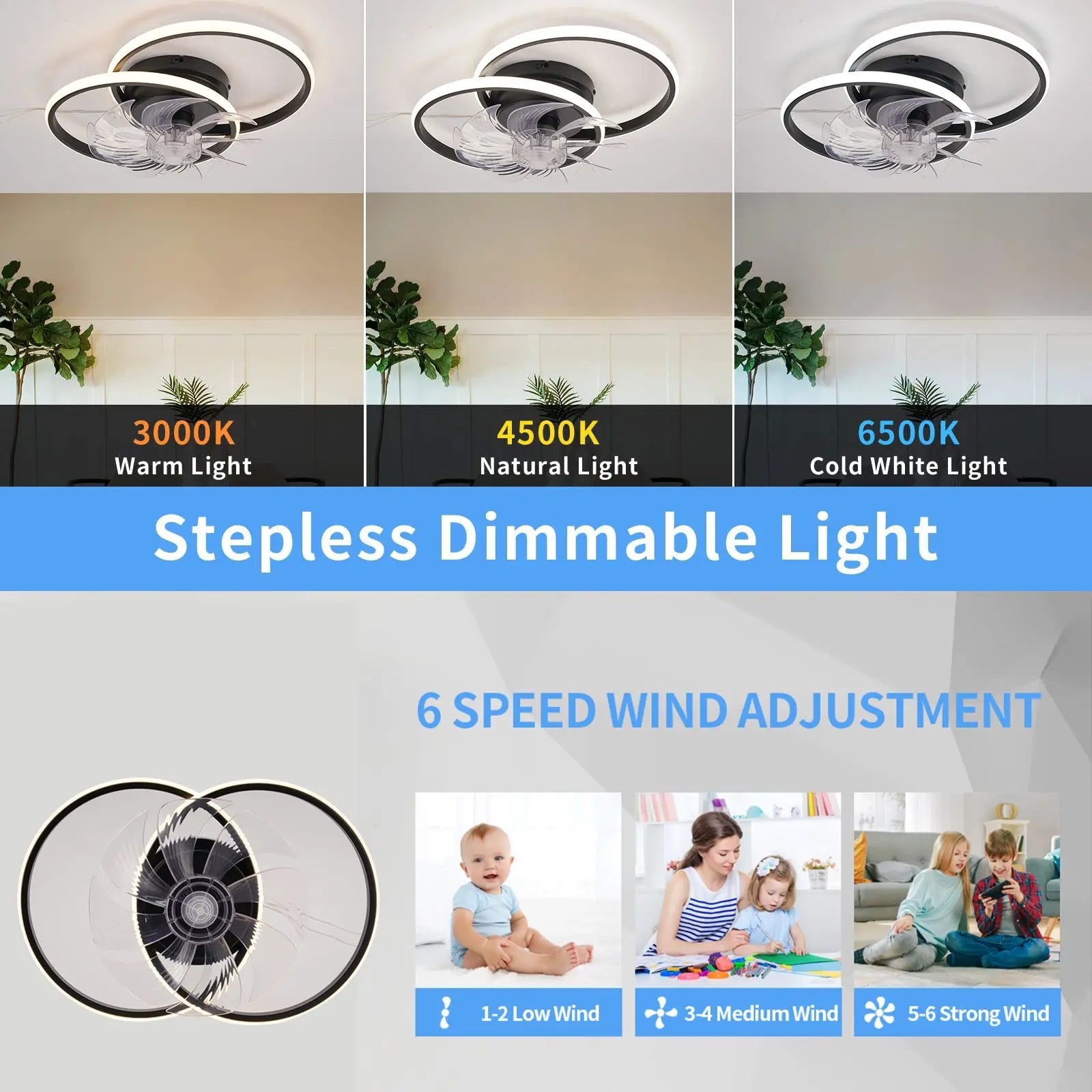 IRALAN - Ventilador de techo silencioso con luz LED y control remoto inteligente para dormitorio y sala de estar.