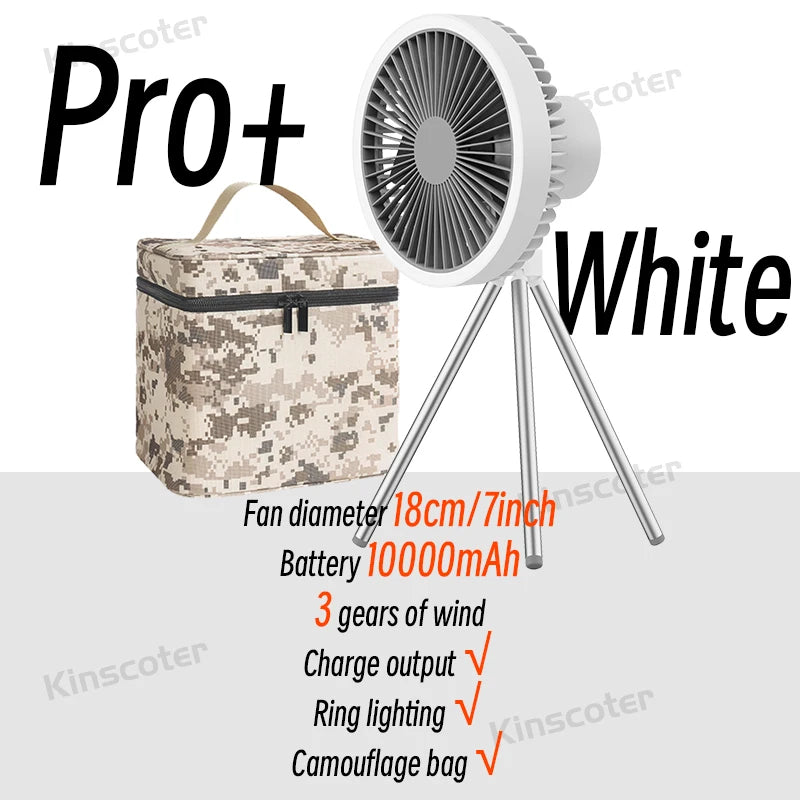 Ventilador de Camping de 10000mAh, circulador de aire portátil de escritorio recargable, ventilador eléctrico de techo inalámbrico con banco de energía, trípode de luz LED
