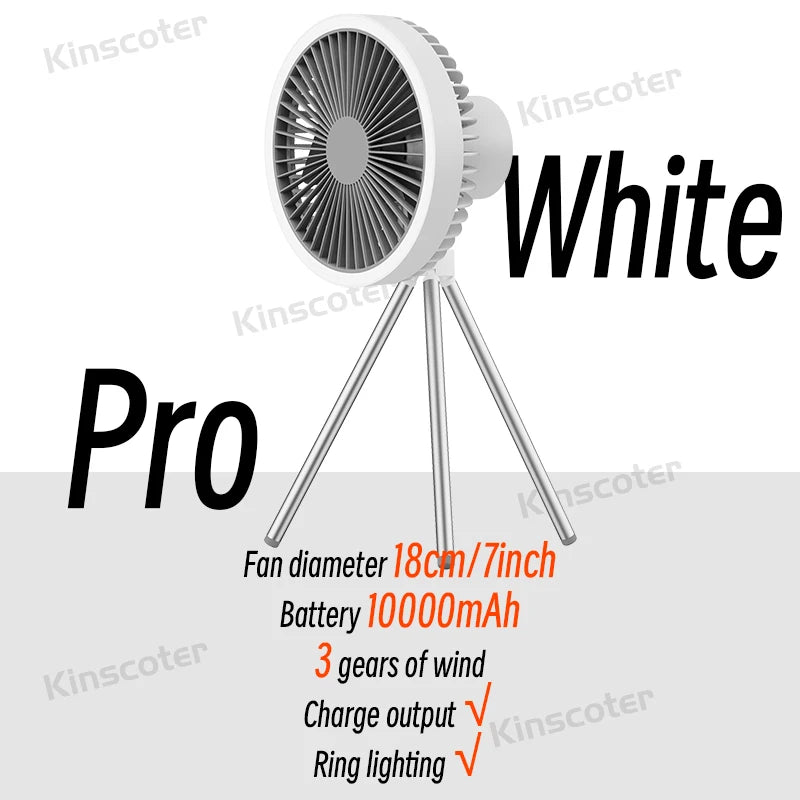Ventilador de Camping de 10000mAh, circulador de aire portátil de escritorio recargable, ventilador eléctrico de techo inalámbrico con banco de energía, trípode de luz LED