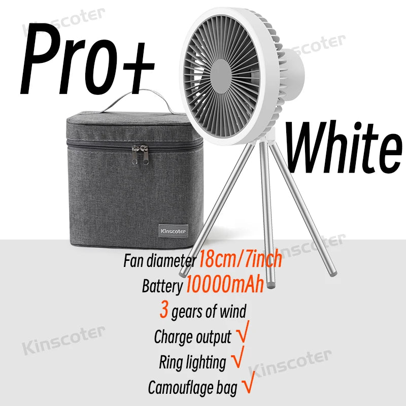 Ventilador de Camping de 10000mAh, circulador de aire portátil de escritorio recargable, ventilador eléctrico de techo inalámbrico con banco de energía, trípode de luz LED