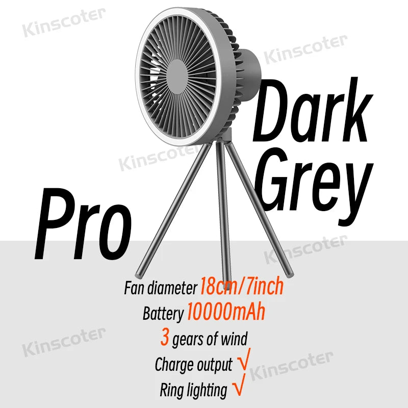 Ventilador de Camping de 10000mAh, circulador de aire portátil de escritorio recargable, ventilador eléctrico de techo inalámbrico con banco de energía, trípode de luz LED