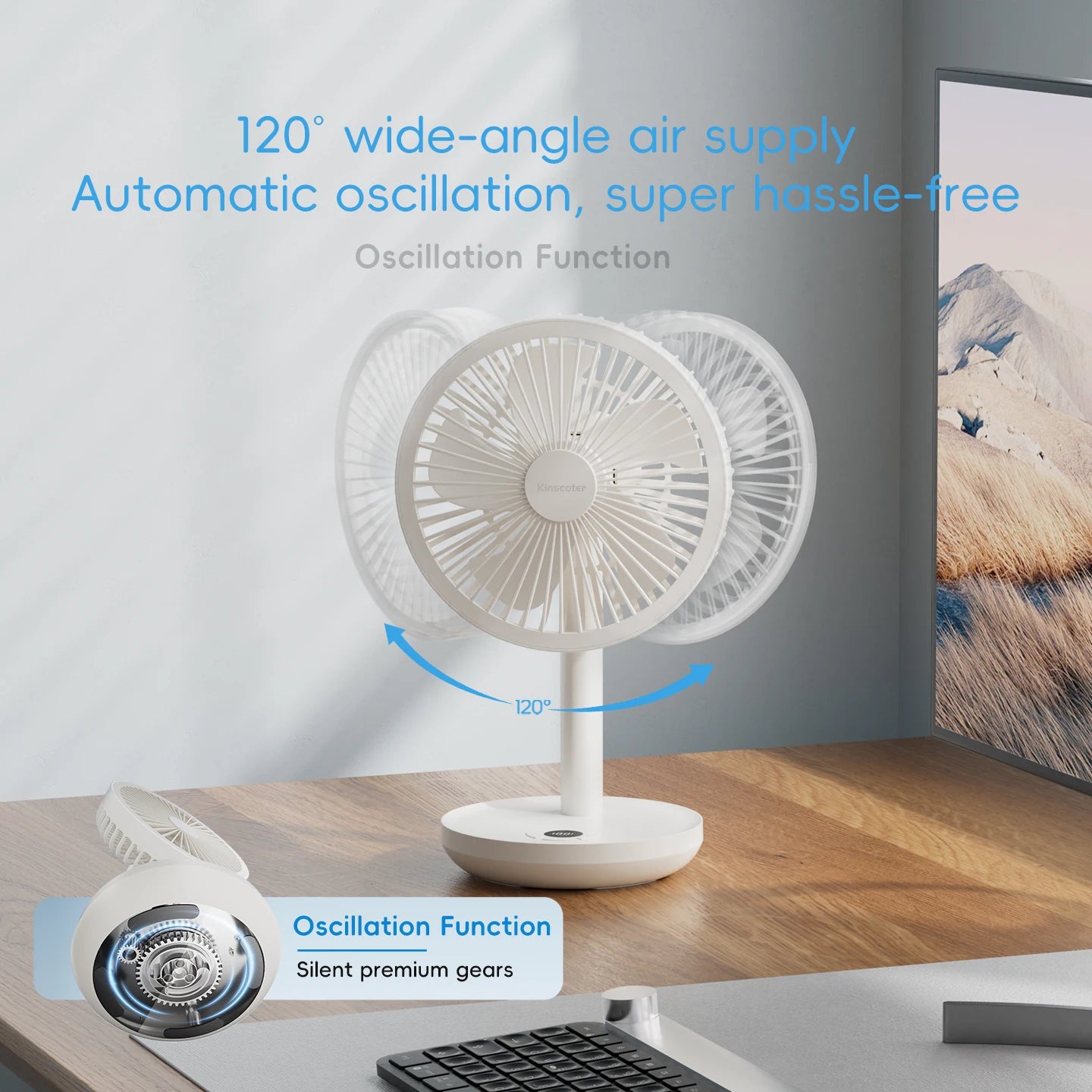 Ventilador de Escritorio Oscilante BLDC, 4000mAh, 5 Velocidades, Silencioso, Portátil, Recargable, con Función de Temporizador, para el Hogar, Habitación, Regalo