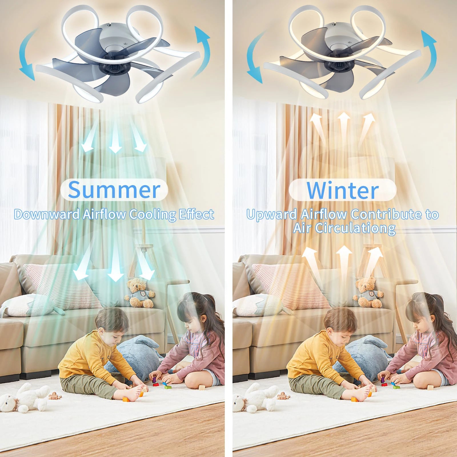 IRALAN - Ventilador de techo moderno con luz LED colorida y control remoto.