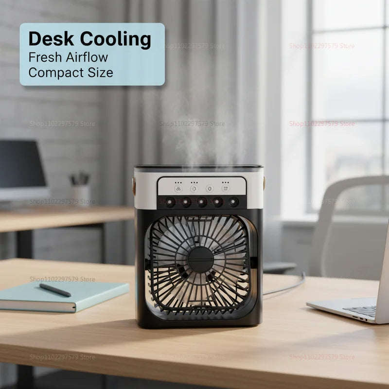 Ventilador 3 en 1, Mini Enfriador de Aire Doméstico, Luz Nocturna LED, Humidificador Portátil, Ventilador con Ajuste de Aire, Ventilador para Oficina y Hogar