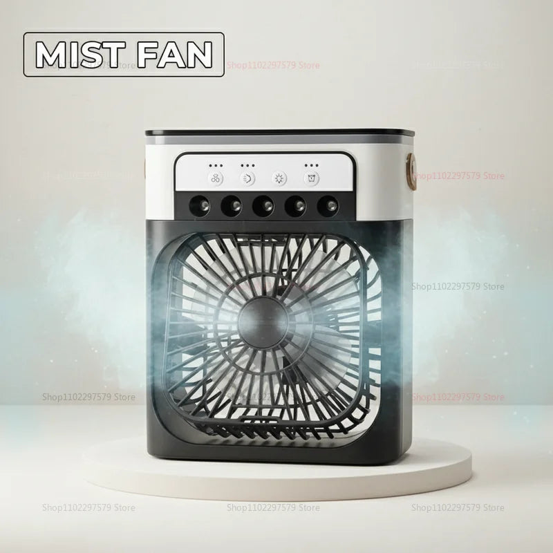 Ventilador 3 en 1, Mini Enfriador de Aire Doméstico, Luz Nocturna LED, Humidificador Portátil, Ventilador con Ajuste de Aire, Ventilador para Oficina y Hogar