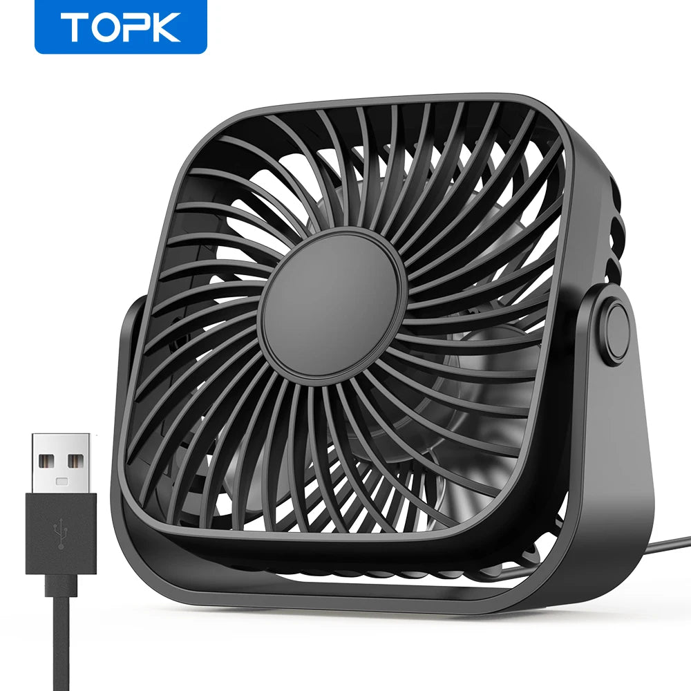 TOPK Mini ventilador portátil USB de 4 pulgadas para acampar, ventilador personal de mesa de escritorio silencioso de 3 velocidades, 360 ° Ajuste de ventiladores de pie para la habitación del hogar