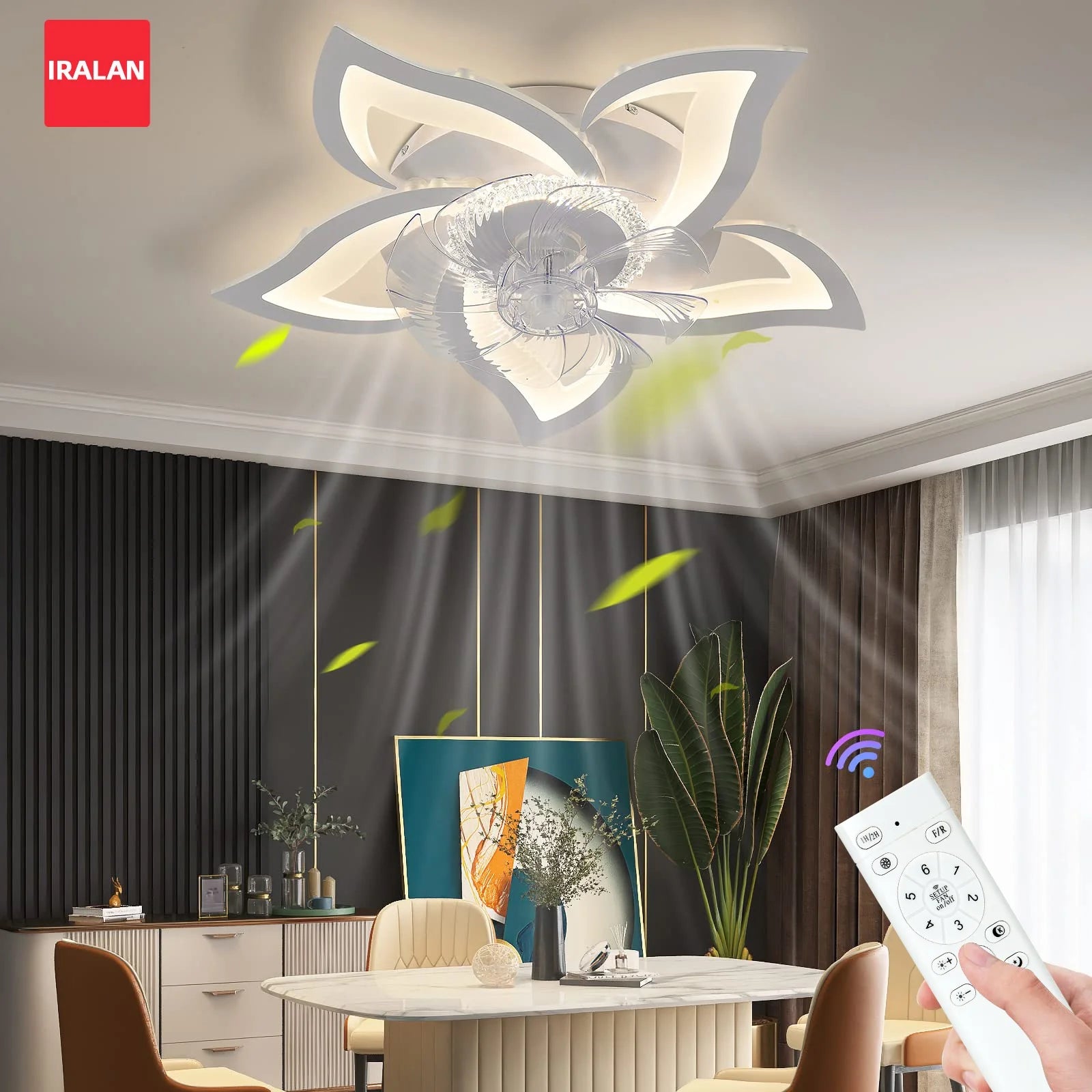 IRALAN - Ventilador de techo moderno con luz LED, control remoto y 6 velocidades.