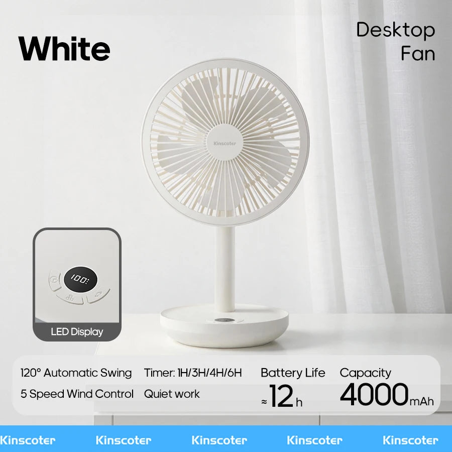 Ventilador de Escritorio Oscilante BLDC, 4000mAh, 5 Velocidades, Silencioso, Portátil, Recargable, con Función de Temporizador, para el Hogar, Habitación, Regalo