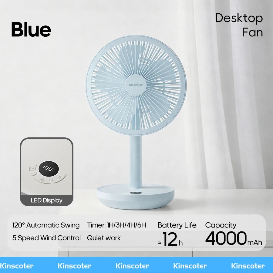 Ventilador de Escritorio Oscilante BLDC, 4000mAh, 5 Velocidades, Silencioso, Portátil, Recargable, con Función de Temporizador, para el Hogar, Habitación, Regalo