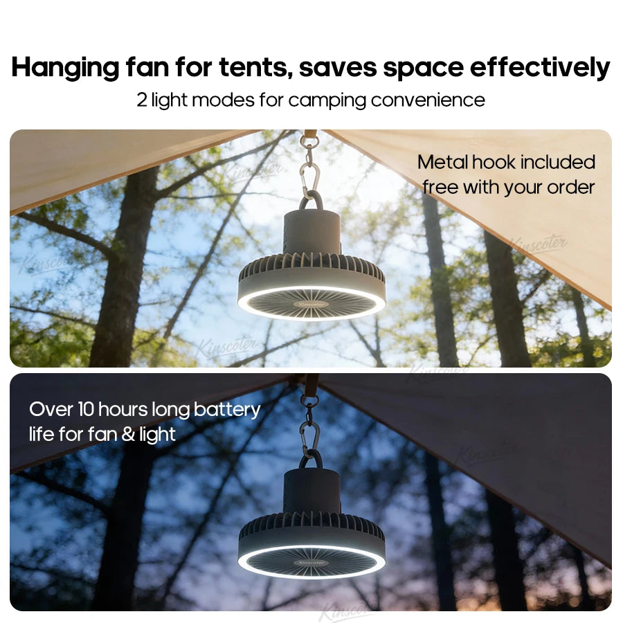 Ventilador de Camping de 10000mAh, circulador de aire portátil de escritorio recargable, ventilador eléctrico de techo inalámbrico con banco de energía, trípode de luz LED