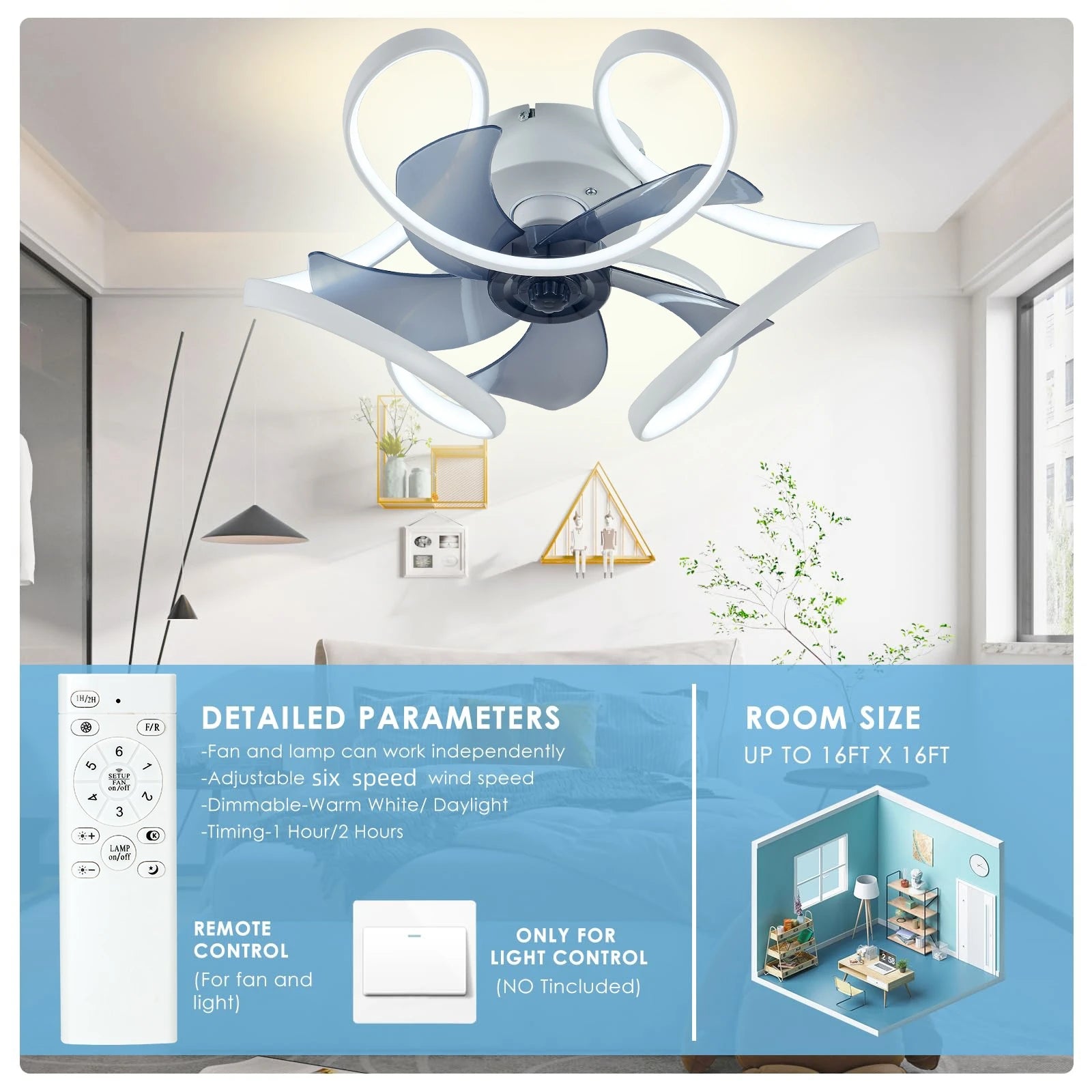 IRALAN - Ventilador de techo moderno con luz LED colorida y control remoto.