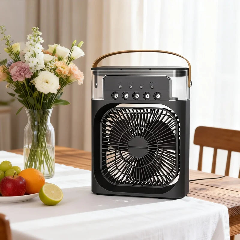 Ventilador 3 en 1, Mini Enfriador de Aire Doméstico, Luz Nocturna LED, Humidificador Portátil, Ventilador con Ajuste de Aire, Ventilador para Oficina y Hogar
