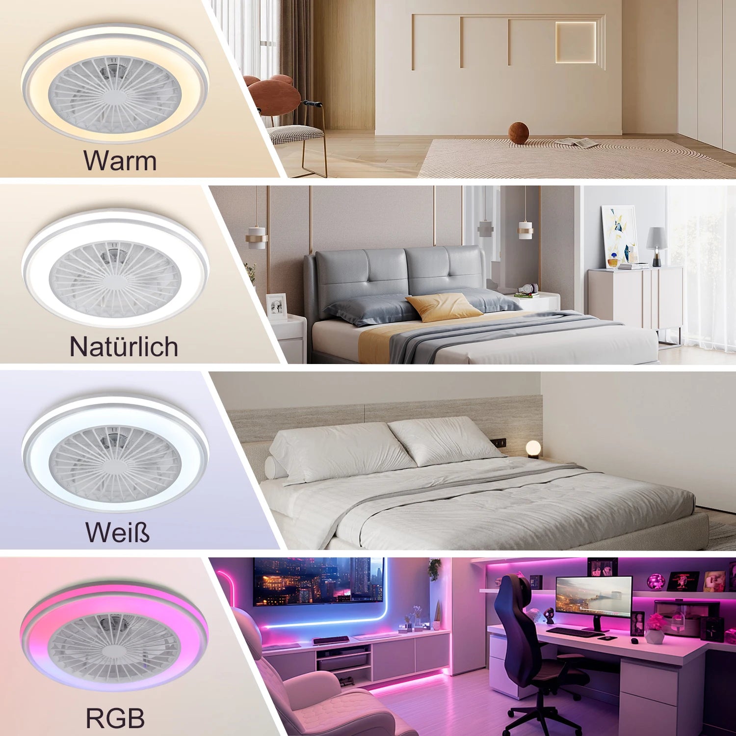 IRALAN - Lámpara LED RGB con ventilador silencioso, control remoto y 6 velocidades.