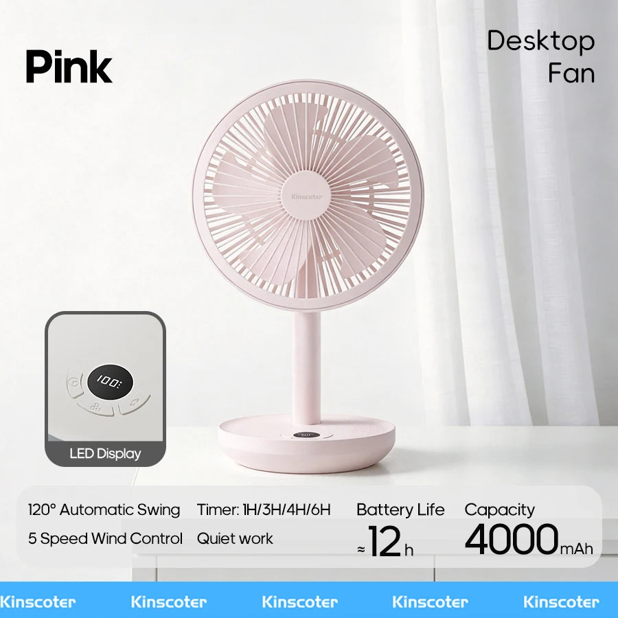Ventilador de Escritorio Oscilante BLDC, 4000mAh, 5 Velocidades, Silencioso, Portátil, Recargable, con Función de Temporizador, para el Hogar, Habitación, Regalo