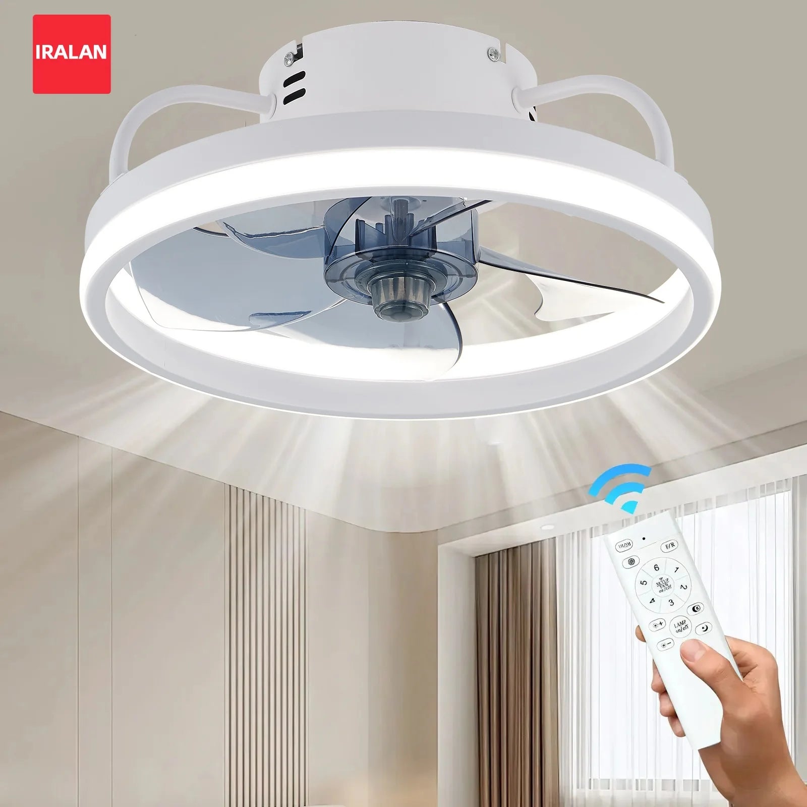 IRALAN - Ventilador de techo silencioso con luz LED y control remoto inteligente.