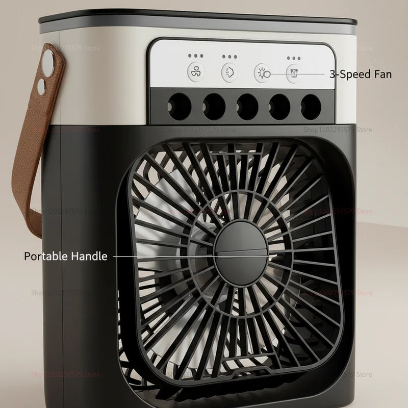 Ventilador 3 en 1, Mini Enfriador de Aire Doméstico, Luz Nocturna LED, Humidificador Portátil, Ventilador con Ajuste de Aire, Ventilador para Oficina y Hogar