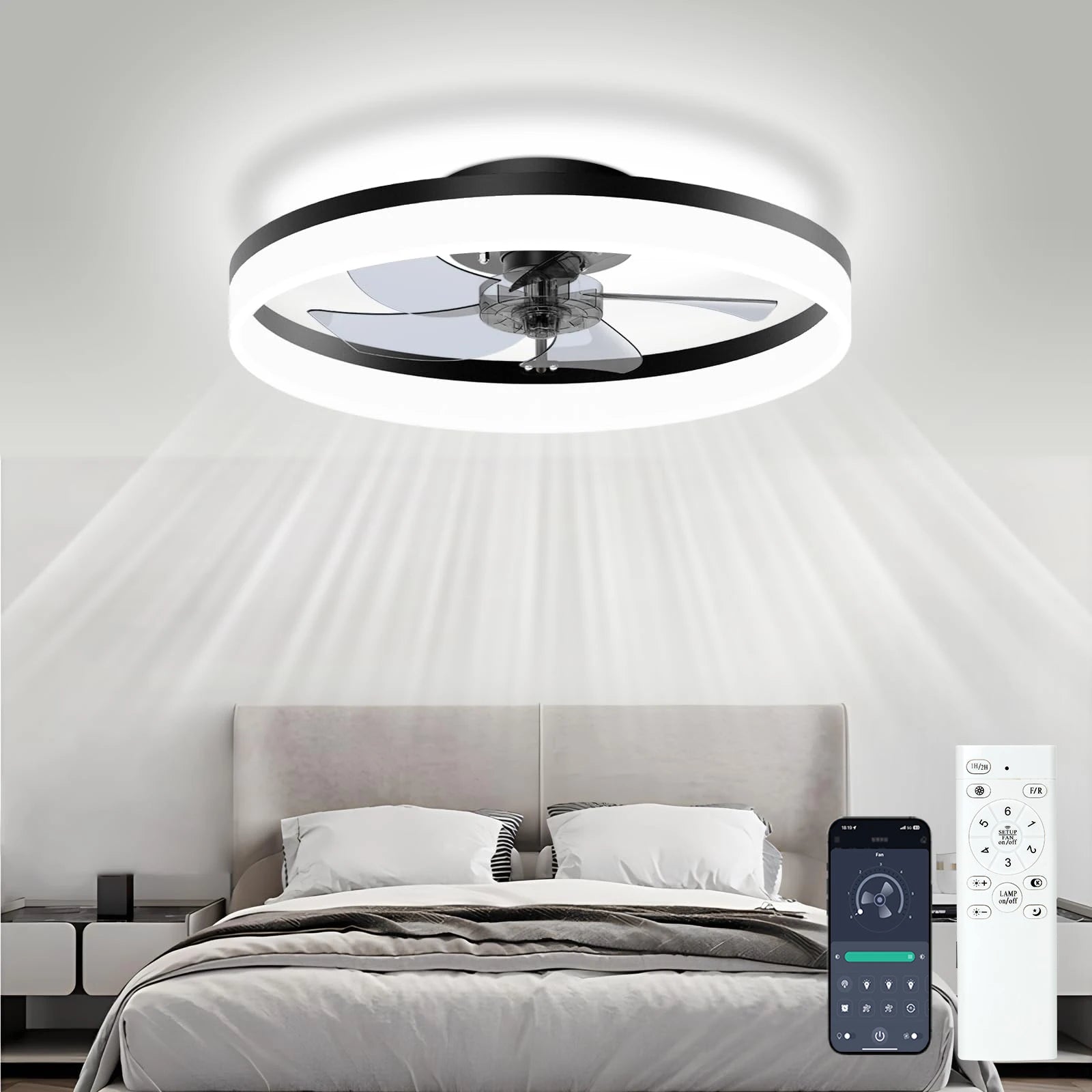 IRALAN - Ventilador de techo LED con control remoto, luz regulable y 6 velocidades.