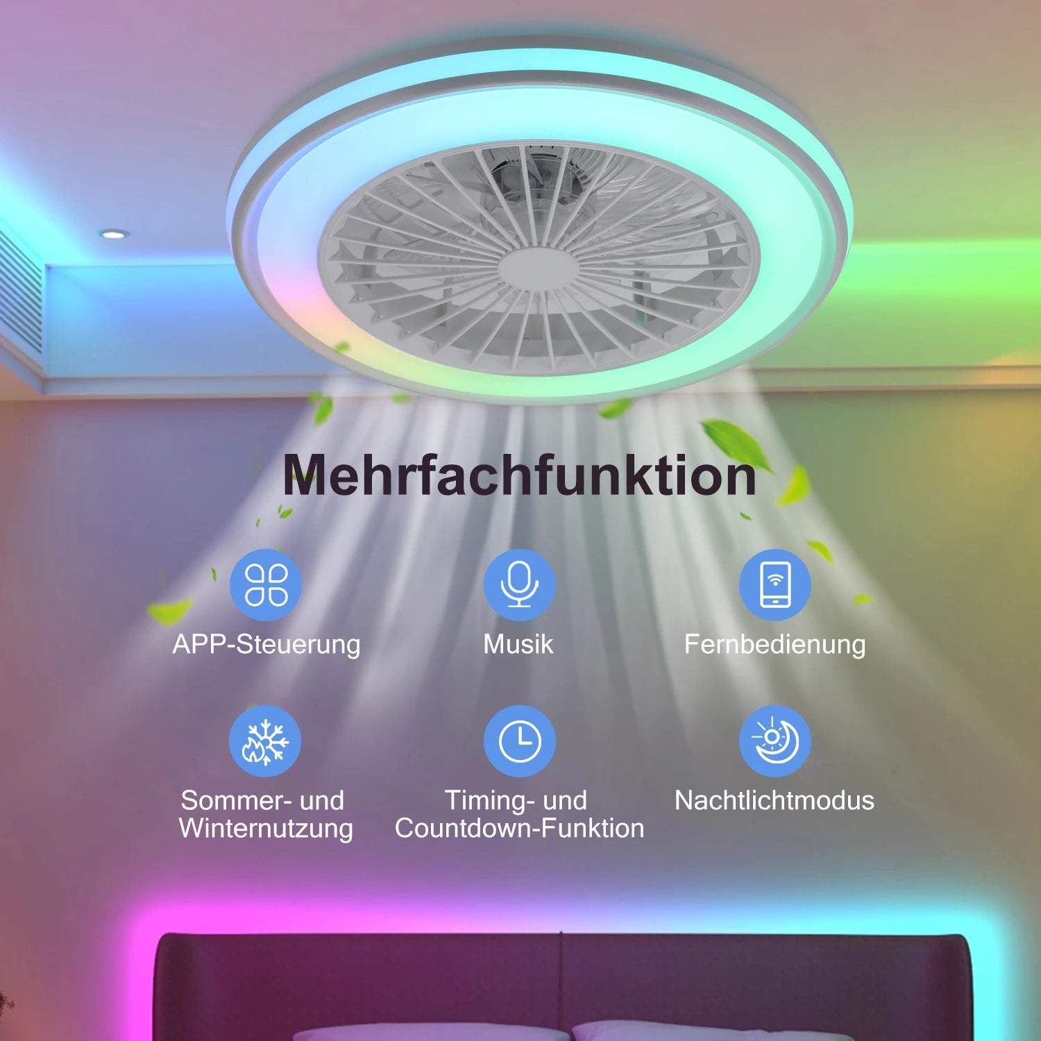IRALAN - Lámpara LED RGB con ventilador silencioso, control remoto y 6 velocidades.