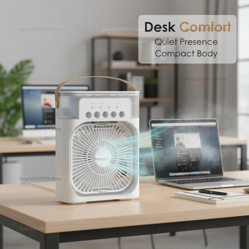 Ventilador 3 en 1, Mini Enfriador de Aire Doméstico, Luz Nocturna LED, Humidificador Portátil, Ventilador con Ajuste de Aire, Ventilador para Oficina y Hogar