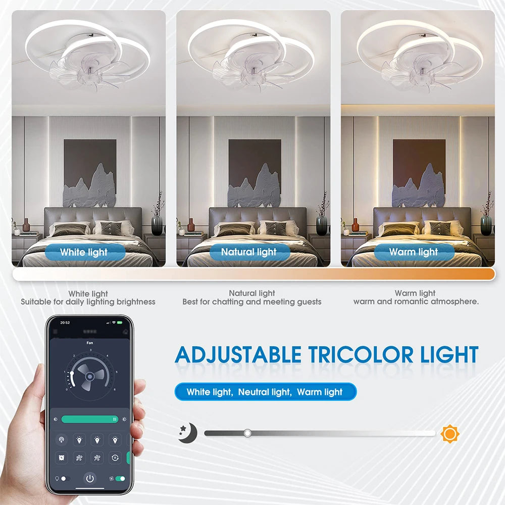 IRALAN - Ventilador de techo silencioso con luz LED y control remoto inteligente para dormitorio y sala de estar.
