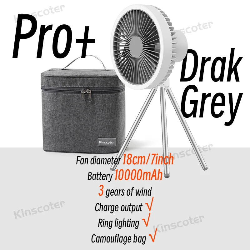 Ventilador de Camping de 10000mAh, circulador de aire portátil de escritorio recargable, ventilador eléctrico de techo inalámbrico con banco de energía, trípode de luz LED