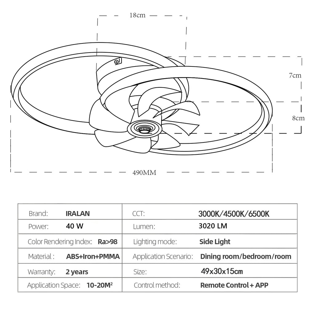 IRALAN - Ventilador de techo silencioso con luz LED y control remoto inteligente para dormitorio y sala de estar.