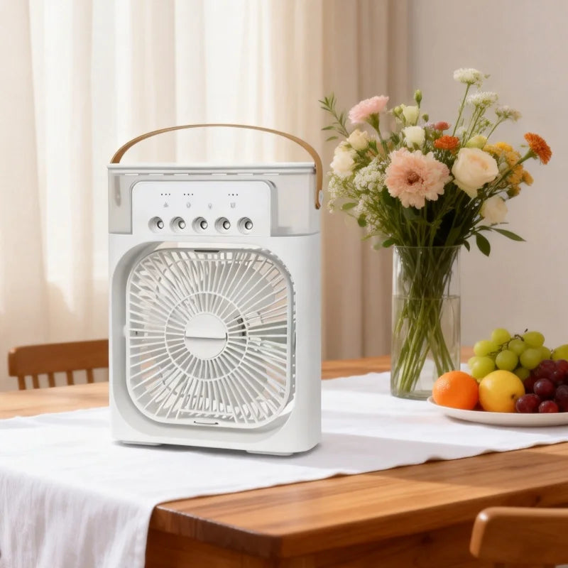 Ventilador 3 en 1, Mini Enfriador de Aire Doméstico, Luz Nocturna LED, Humidificador Portátil, Ventilador con Ajuste de Aire, Ventilador para Oficina y Hogar