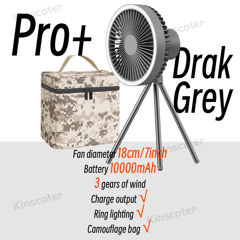 Ventilador de Camping de 10000mAh, circulador de aire portátil de escritorio recargable, ventilador eléctrico de techo inalámbrico con banco de energía, trípode de luz LED