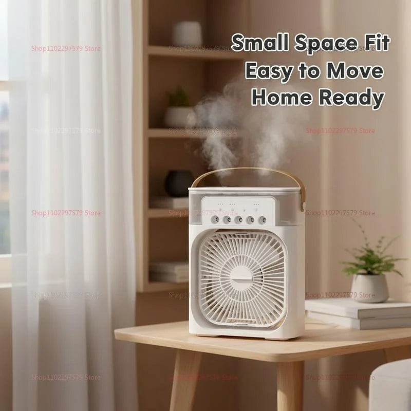 Ventilador 3 en 1, Mini Enfriador de Aire Doméstico, Luz Nocturna LED, Humidificador Portátil, Ventilador con Ajuste de Aire, Ventilador para Oficina y Hogar